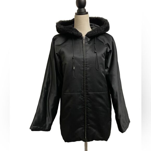 Jones New York Black Full Zip Winter Coat with Faux Fur Lined Hood (Small) - Picture 10 of 11